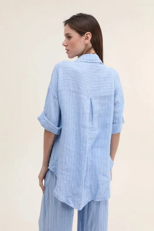 3/4 Sleeve Striped Linen Shirt