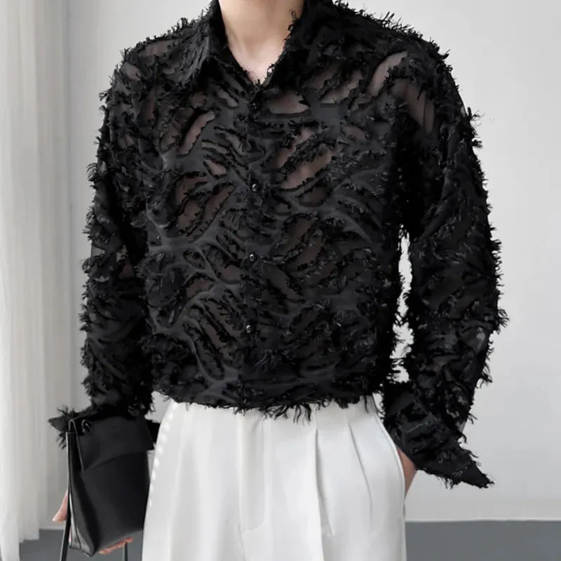 Aidase Fall Vintage Lace Dress Shirt Stage Clothing Men See Through Loose Casual Thin Sun Protection Long Sleeve Shirt Male Black White