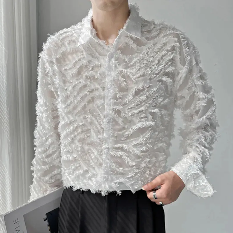 Aidase Fall Vintage Lace Dress Shirt Stage Clothing Men See Through Loose Casual Thin Sun Protection Long Sleeve Shirt Male Black White