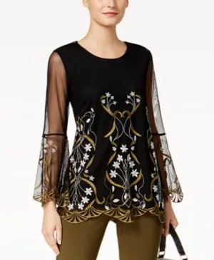 Alfani Embroidered Illusion Top Deep Black M