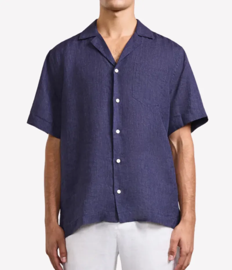 Angelo Linen Short Sleeve Shirt in Midnight Blue