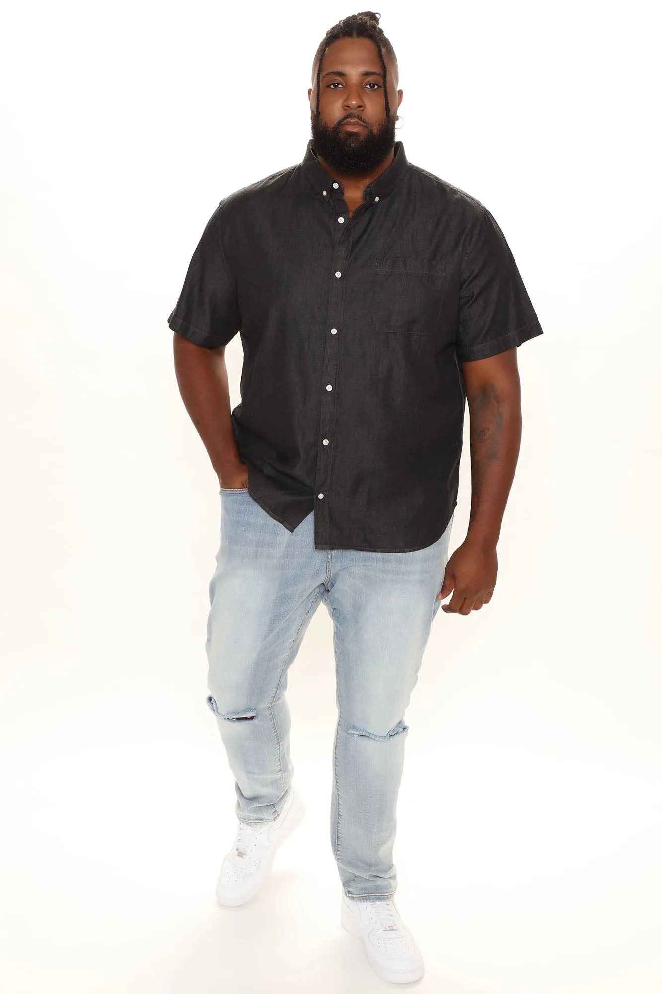 Basic Denim Short Sleeve Woven Top - Black