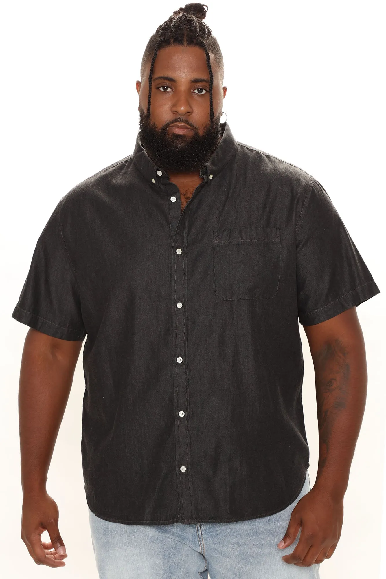 Basic Denim Short Sleeve Woven Top - Black