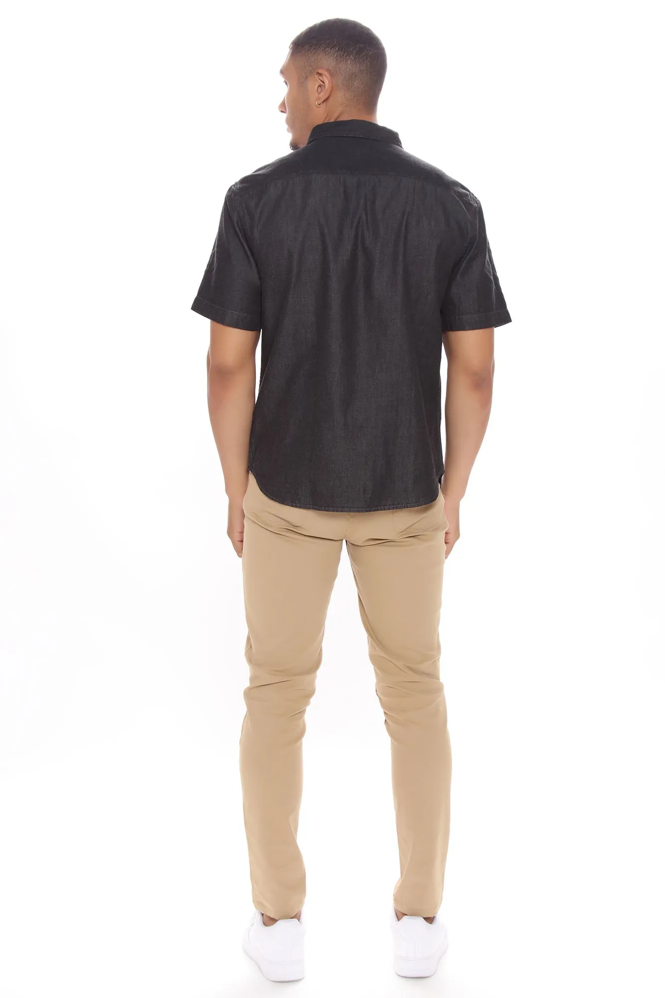Basic Denim Short Sleeve Woven Top - Black