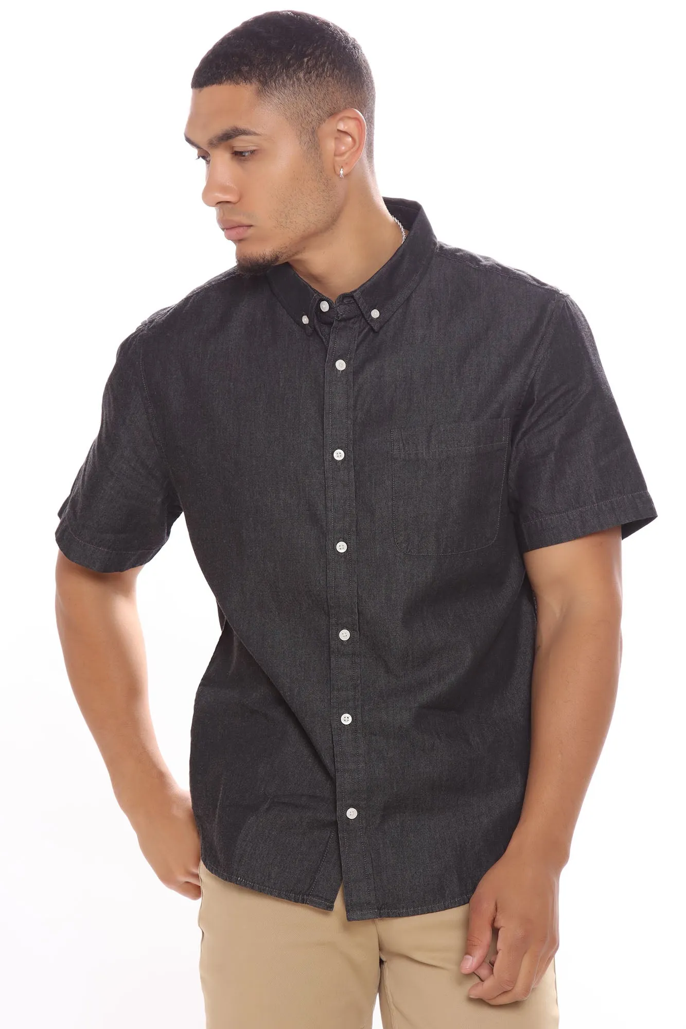 Basic Denim Short Sleeve Woven Top - Black