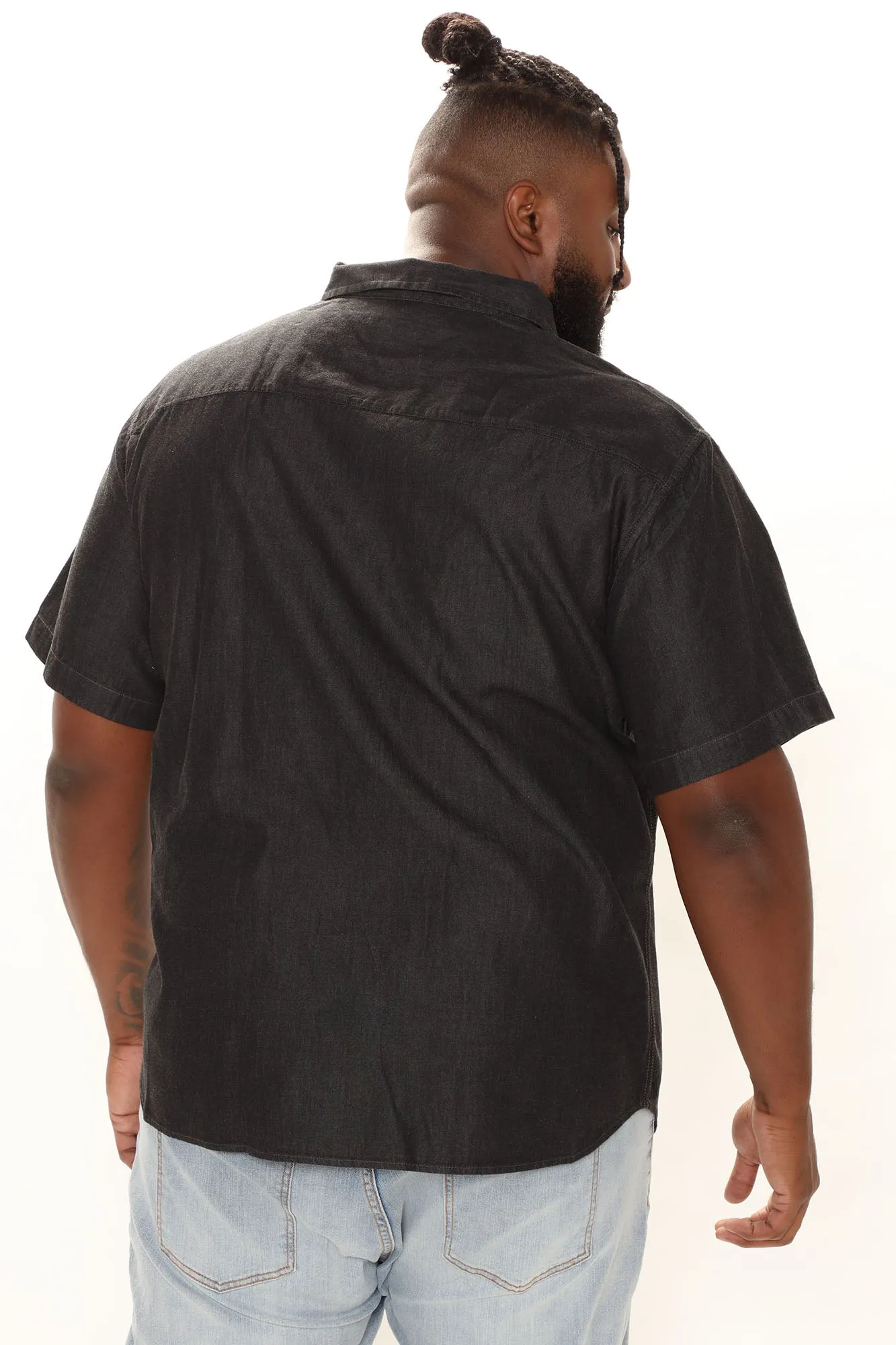 Basic Denim Short Sleeve Woven Top - Black