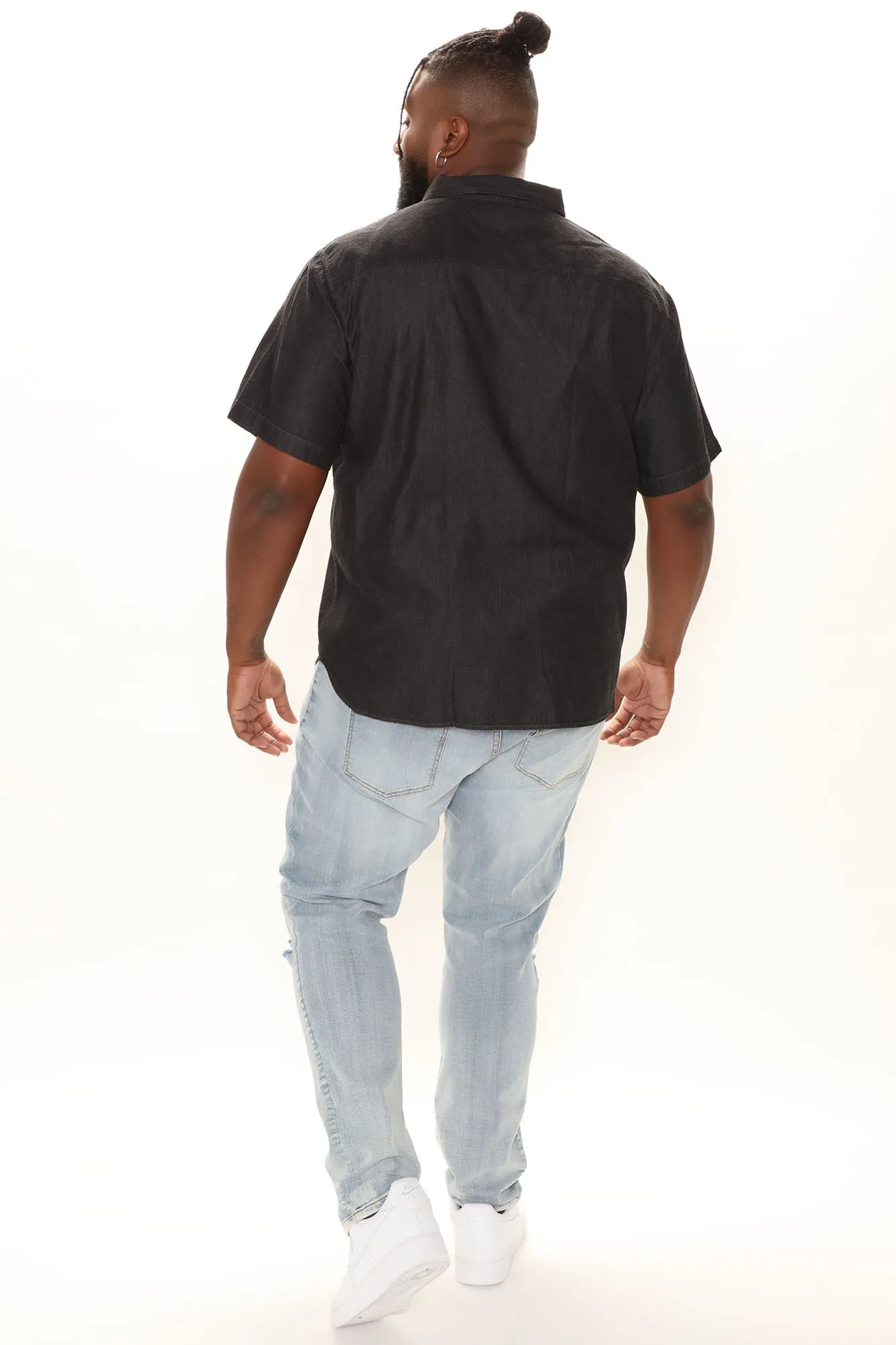 Basic Denim Short Sleeve Woven Top - Black