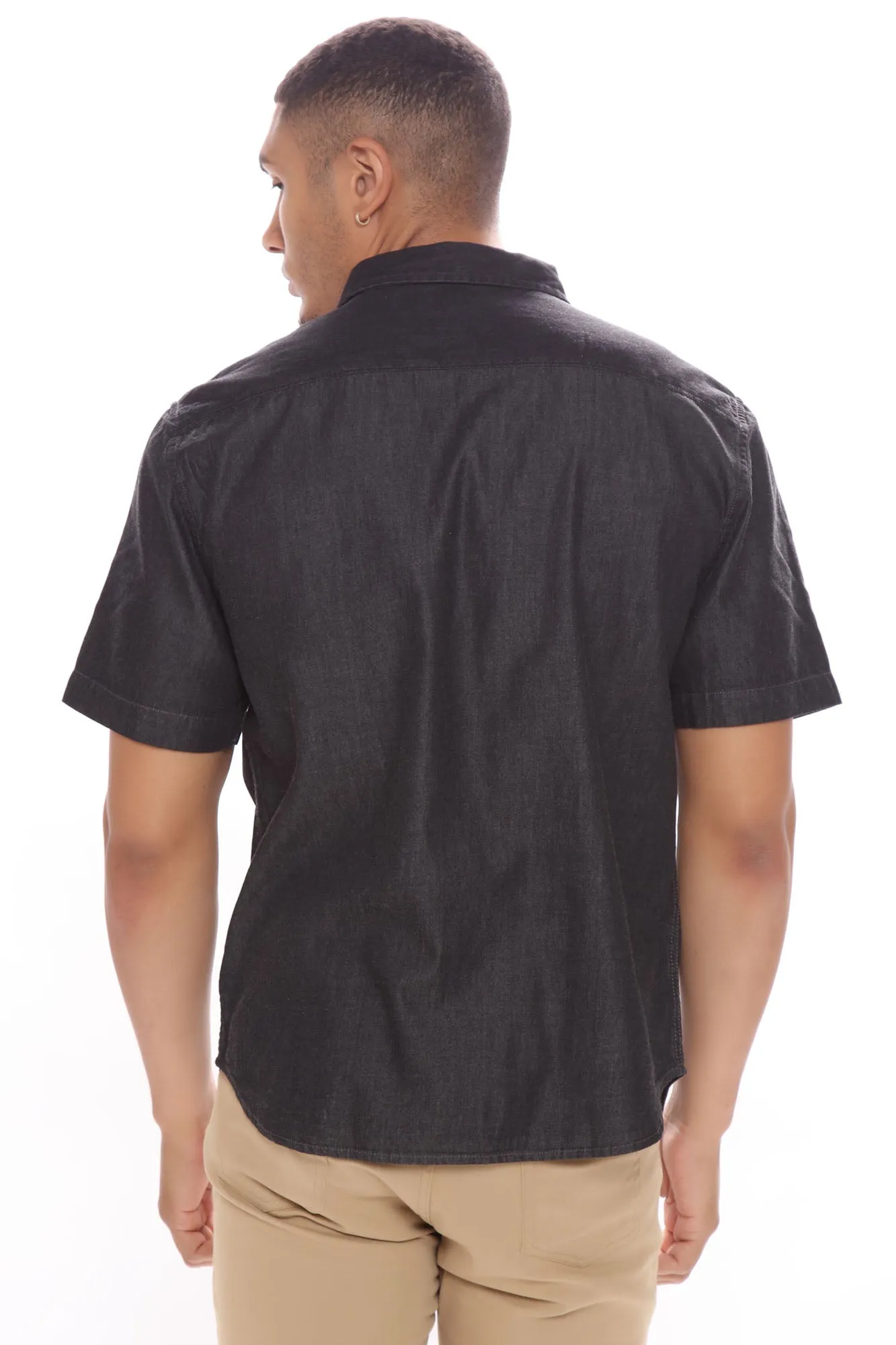 Basic Denim Short Sleeve Woven Top - Black