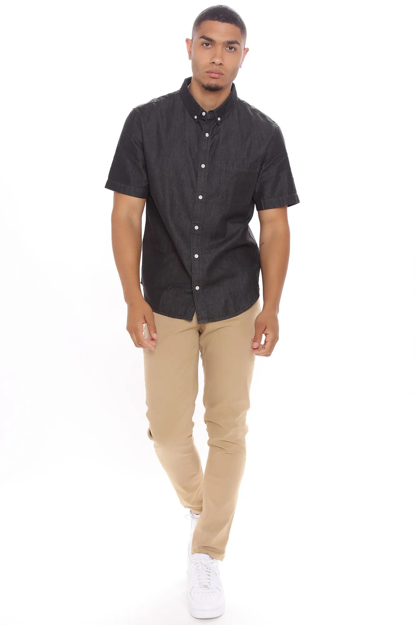 Basic Denim Short Sleeve Woven Top - Black