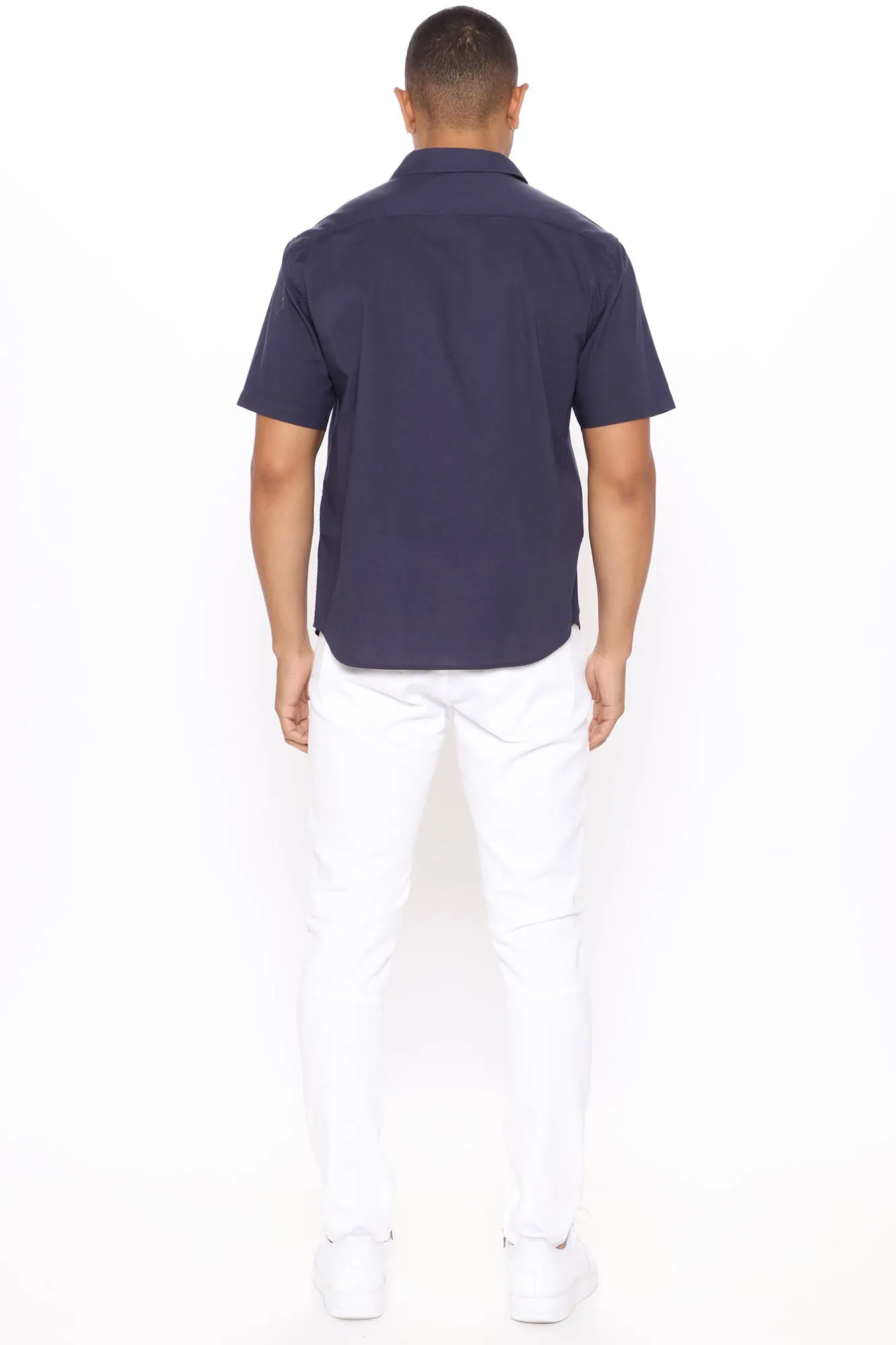 Basic Solid Short Sleeve Woven Top - Navy
