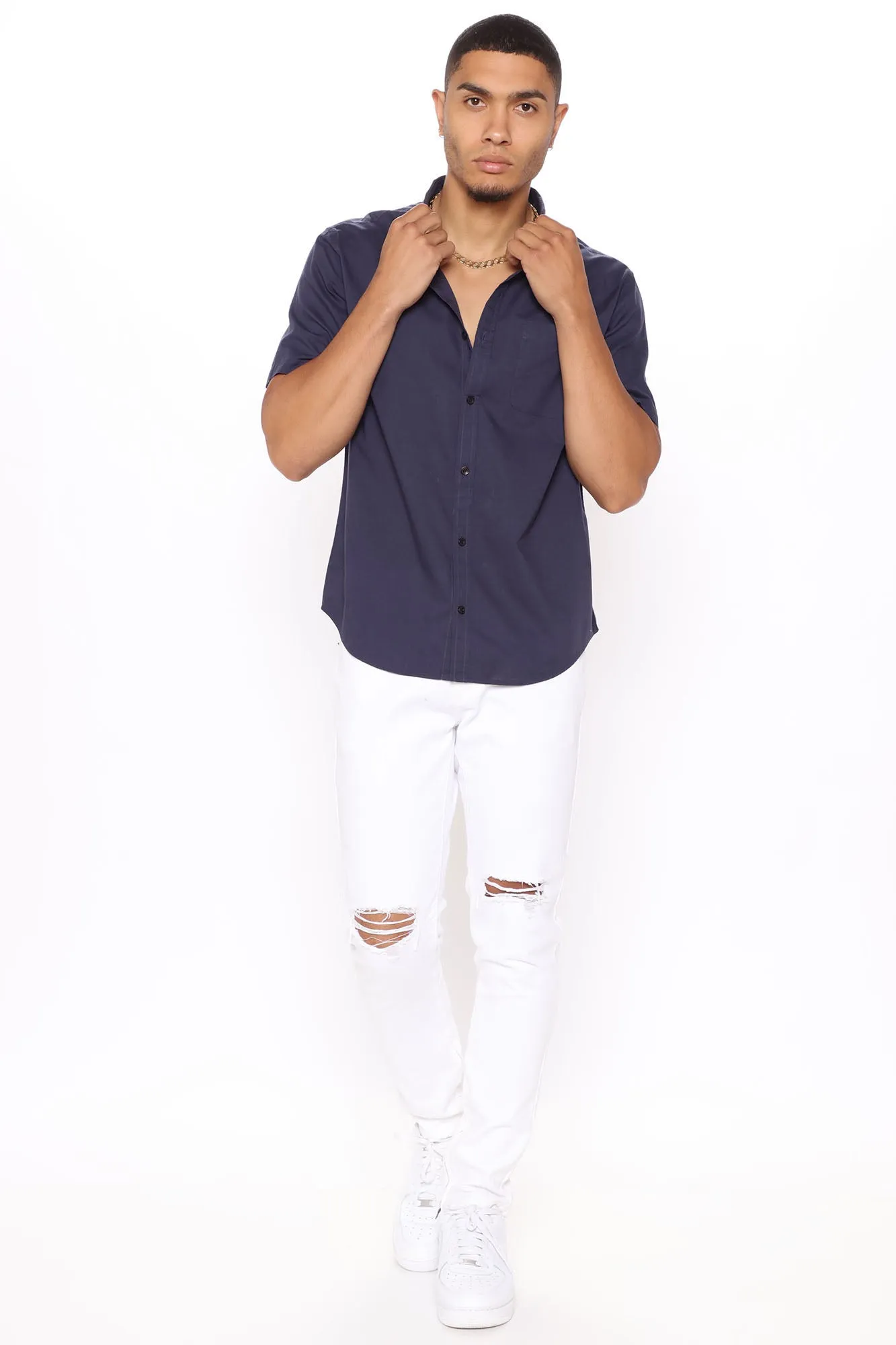 Basic Solid Short Sleeve Woven Top - Navy