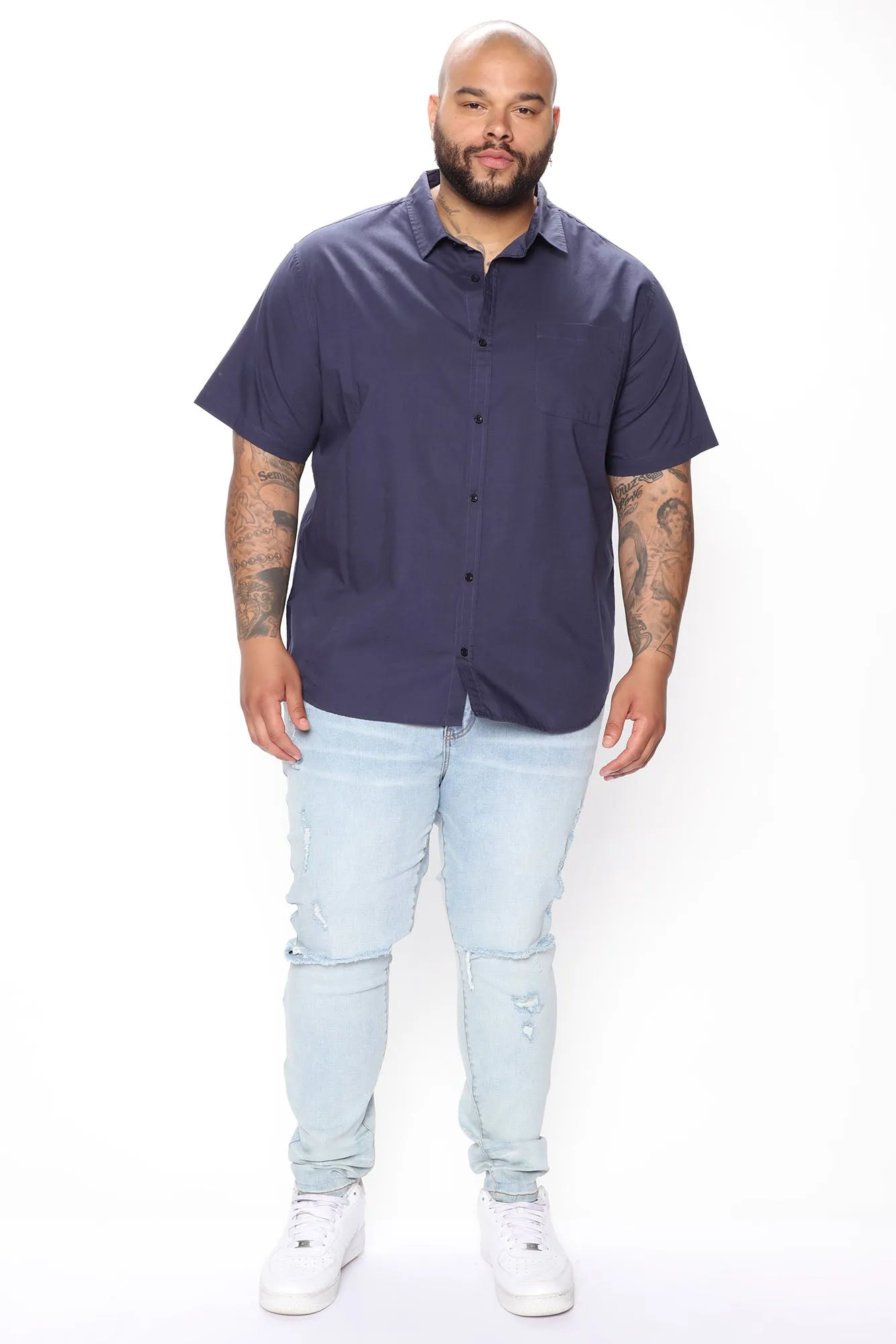 Basic Solid Short Sleeve Woven Top - Navy