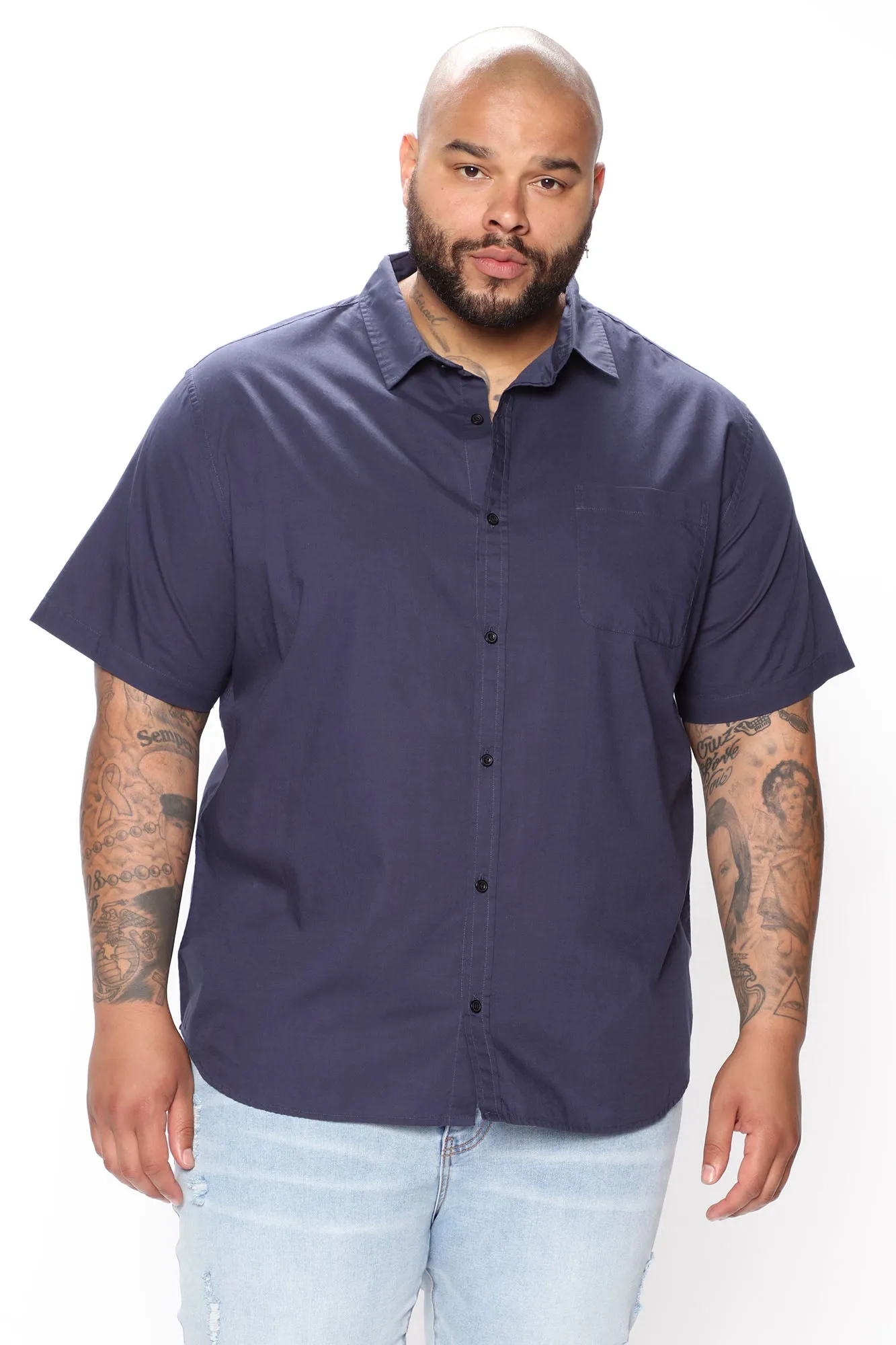 Basic Solid Short Sleeve Woven Top - Navy