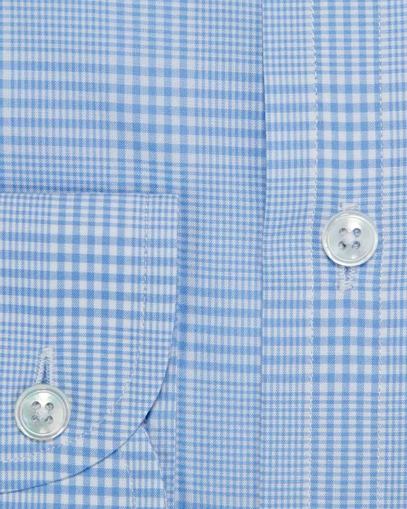 Contemporary Fit Light Blue Prince of Wales Check Cotton Shirt with Cut-away Collar & Two Button Cuff