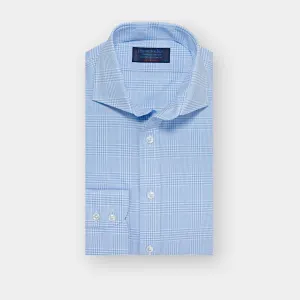 Contemporary Fit Light Blue Prince of Wales Check Cotton Shirt with Cut-away Collar & Two Button Cuff