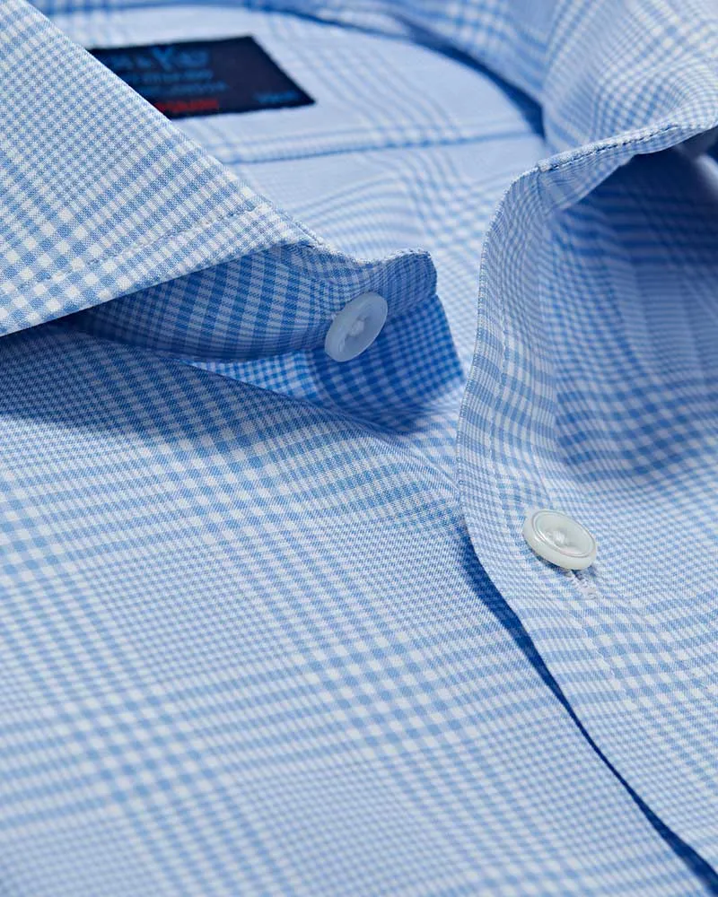 Contemporary Fit Light Blue Prince of Wales Check Cotton Shirt with Cut-away Collar & Two Button Cuff
