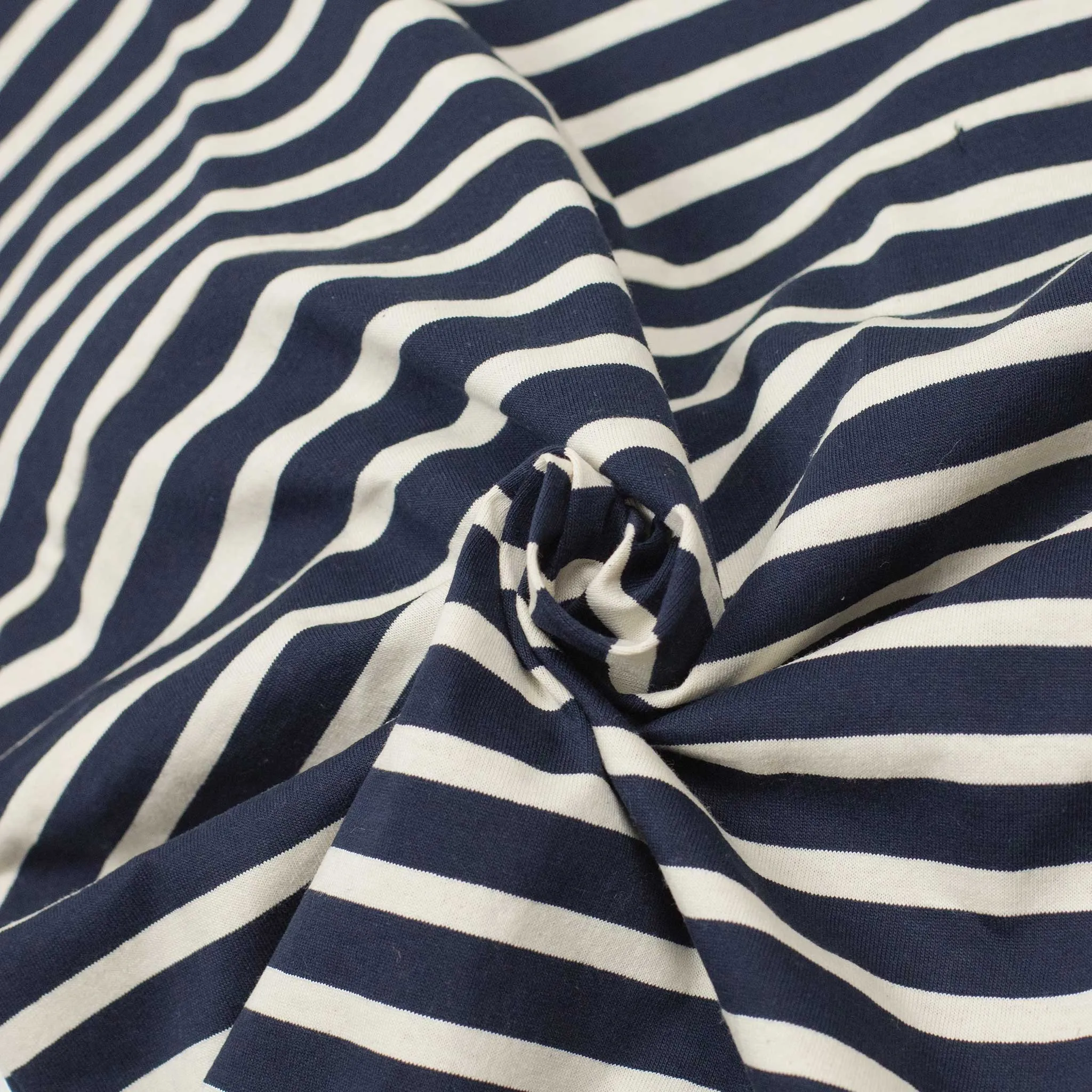 Crewneck tee in garment-dyed navy and cream striped heavy cotton jersey