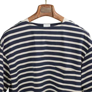 Crewneck tee in garment-dyed navy and cream striped heavy cotton jersey