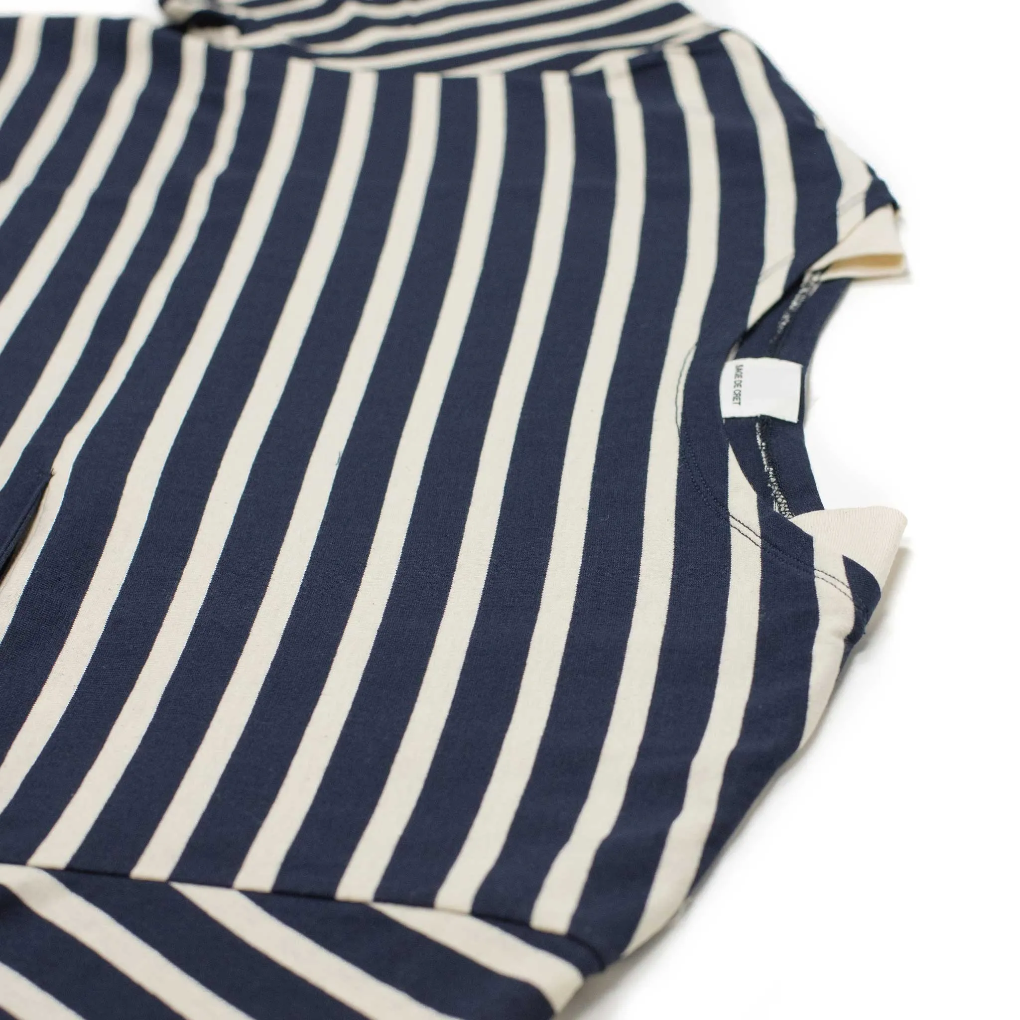 Crewneck tee in garment-dyed navy and cream striped heavy cotton jersey