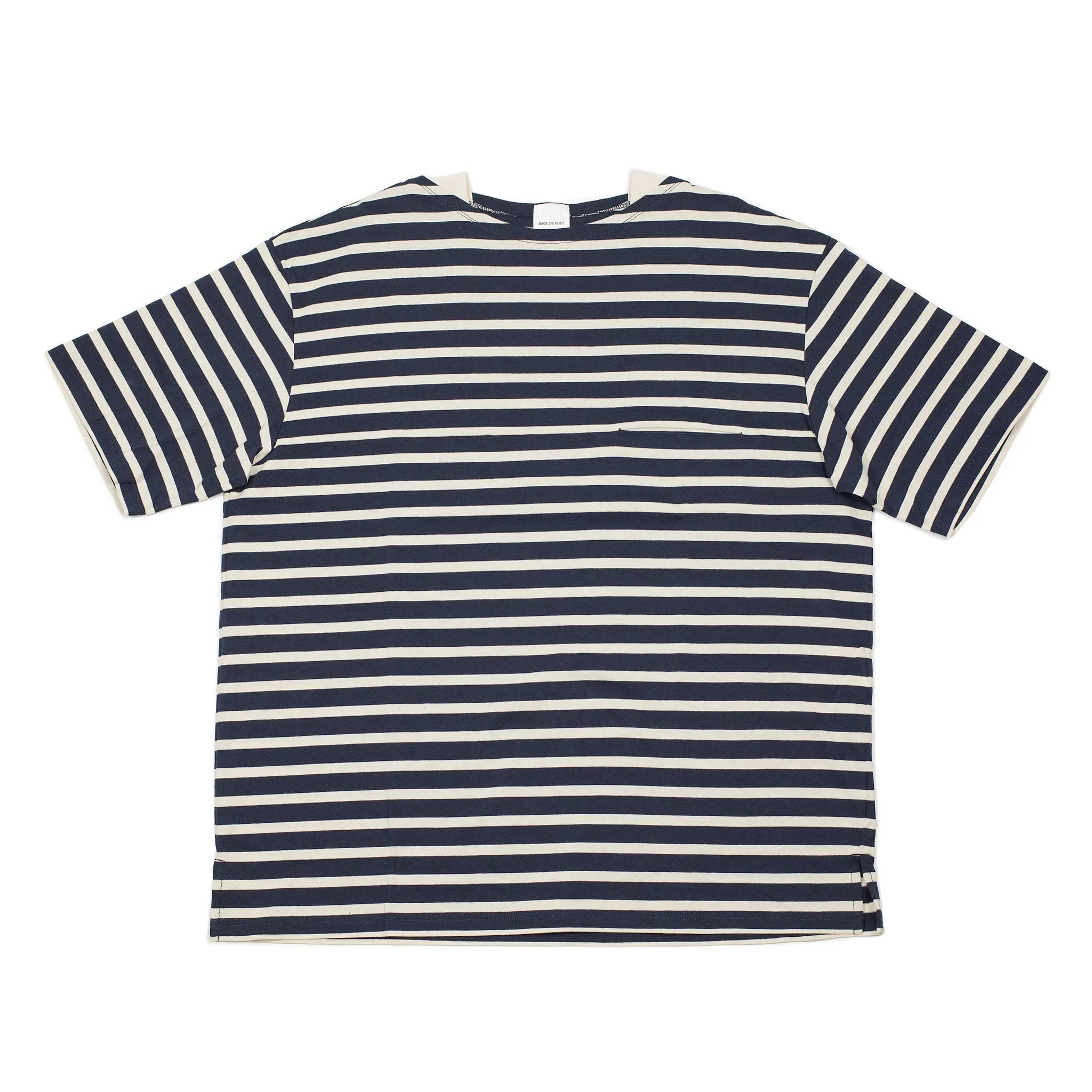 Crewneck tee in garment-dyed navy and cream striped heavy cotton jersey