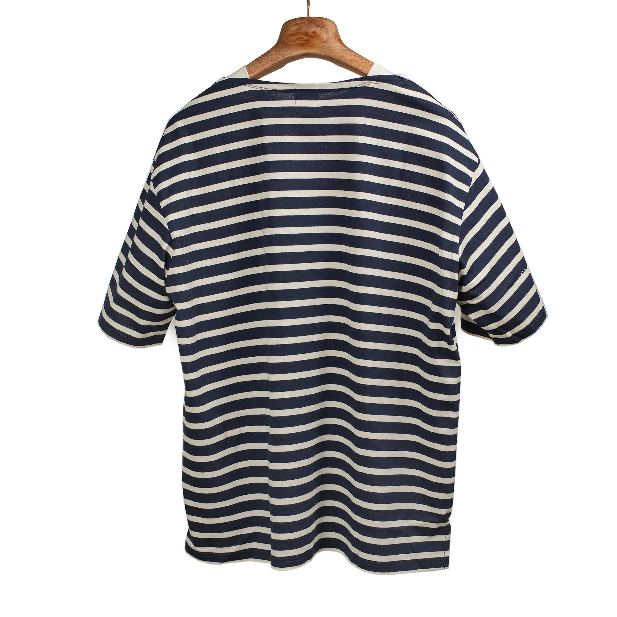 Crewneck tee in garment-dyed navy and cream striped heavy cotton jersey