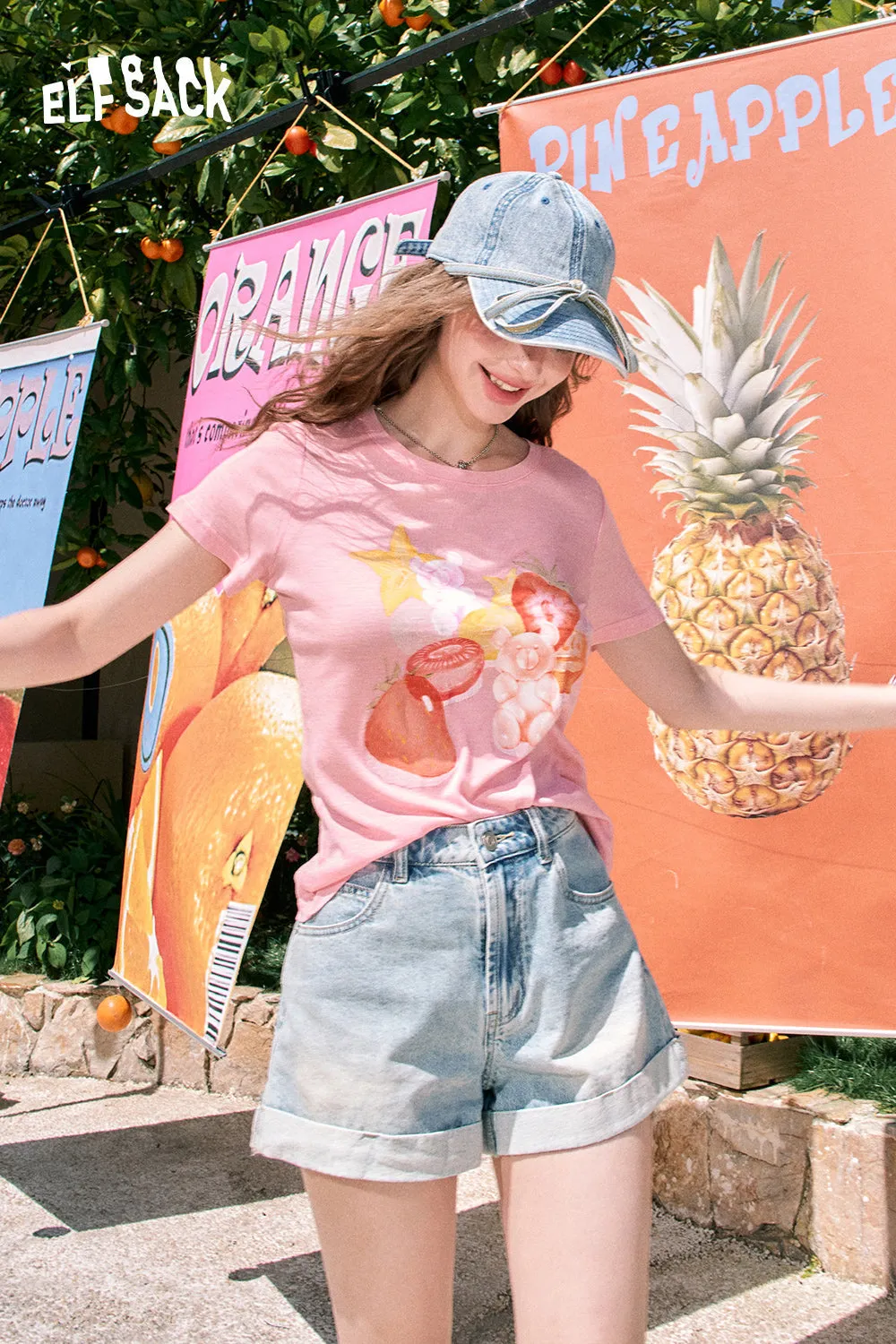 ELFSACK 2024 summer new arrival Fruit print loose cute style versatile slim pink short-sleeved T-shirt for women