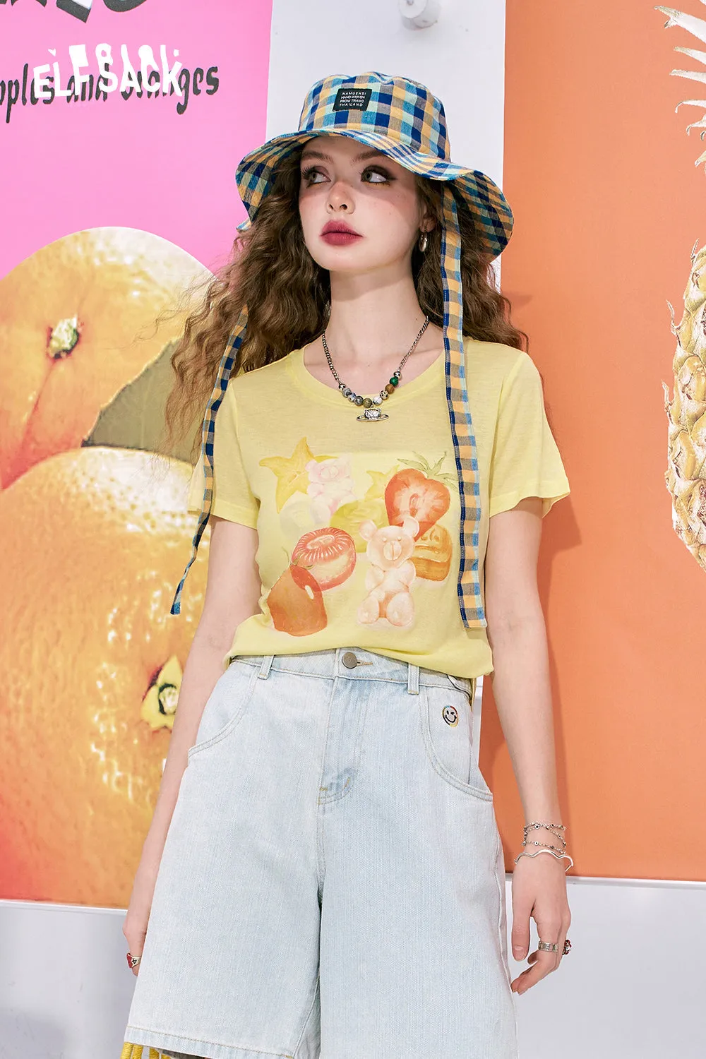 ELFSACK 2024 summer new arrival Fruit print loose cute style versatile slim pink short-sleeved T-shirt for women