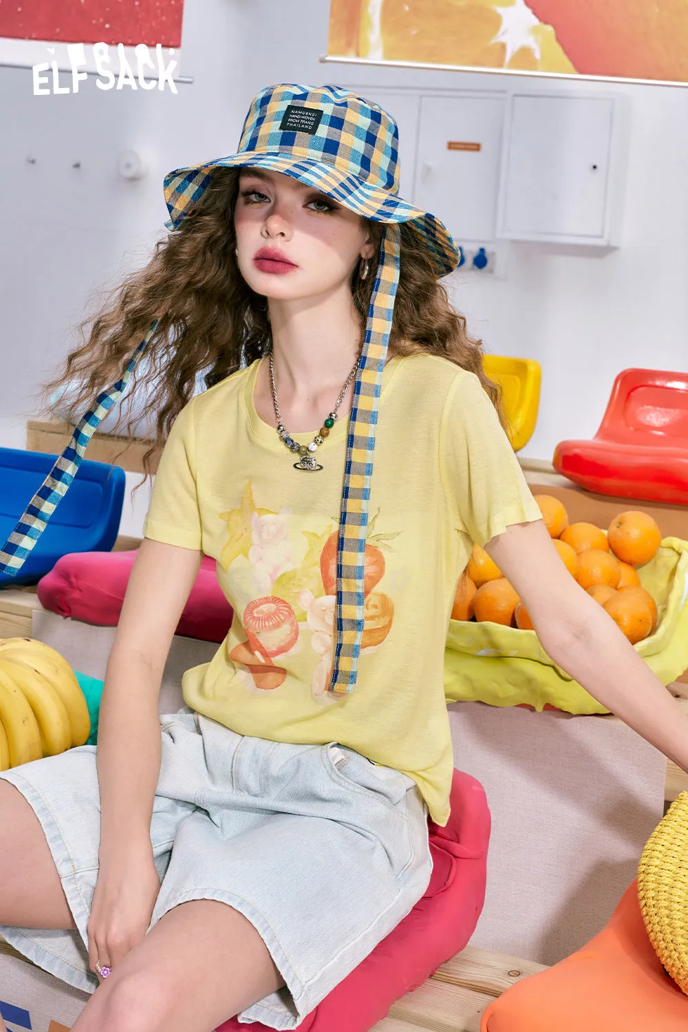 ELFSACK 2024 summer new arrival Fruit print loose cute style versatile slim pink short-sleeved T-shirt for women
