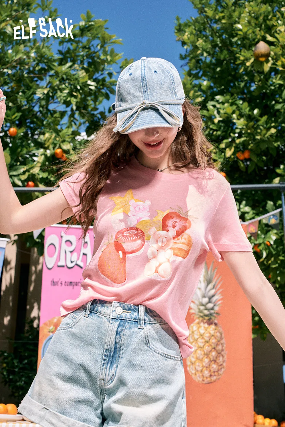 ELFSACK 2024 summer new arrival Fruit print loose cute style versatile slim pink short-sleeved T-shirt for women