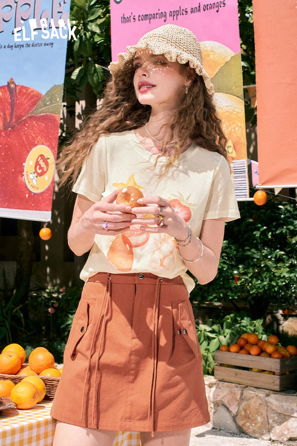 ELFSACK 2024 summer new arrival Fruit print loose cute style versatile slim pink short-sleeved T-shirt for women
