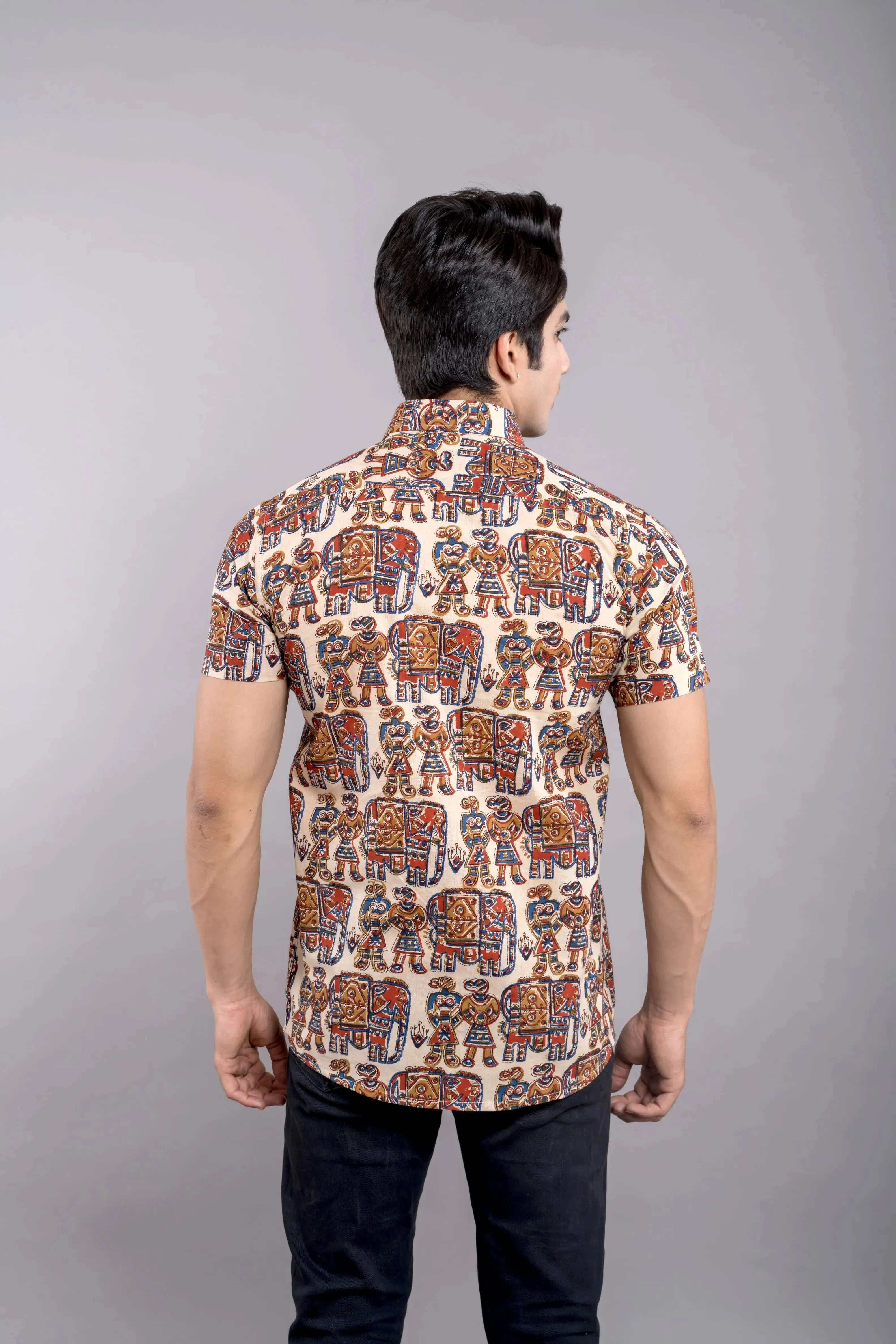 Firangi Yarn Mens Hand Block Printed Shirt - Beige