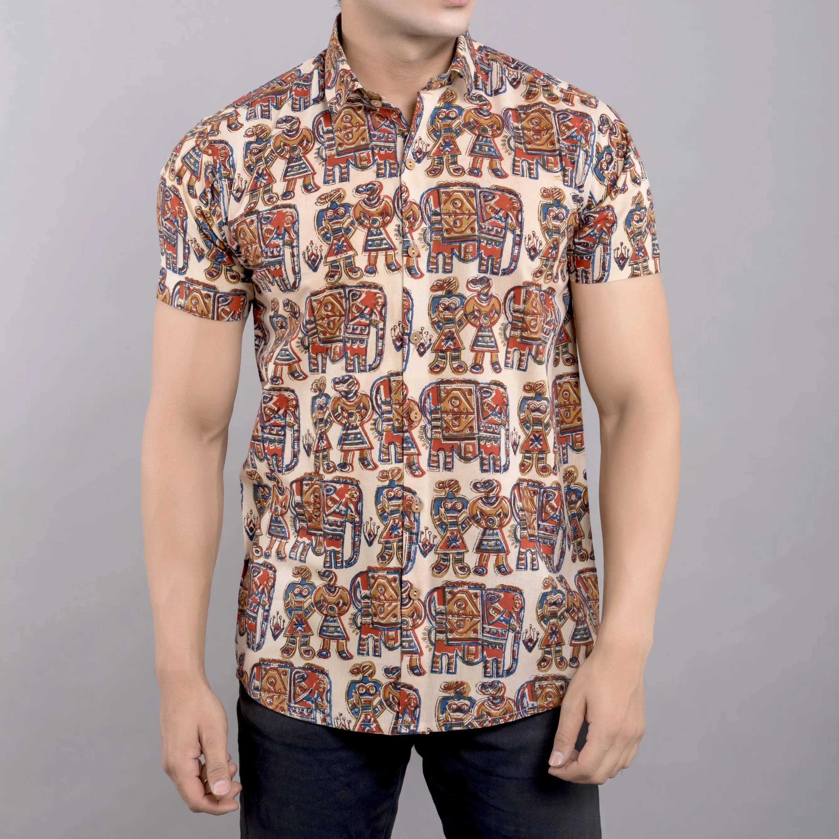 Firangi Yarn Mens Hand Block Printed Shirt - Beige