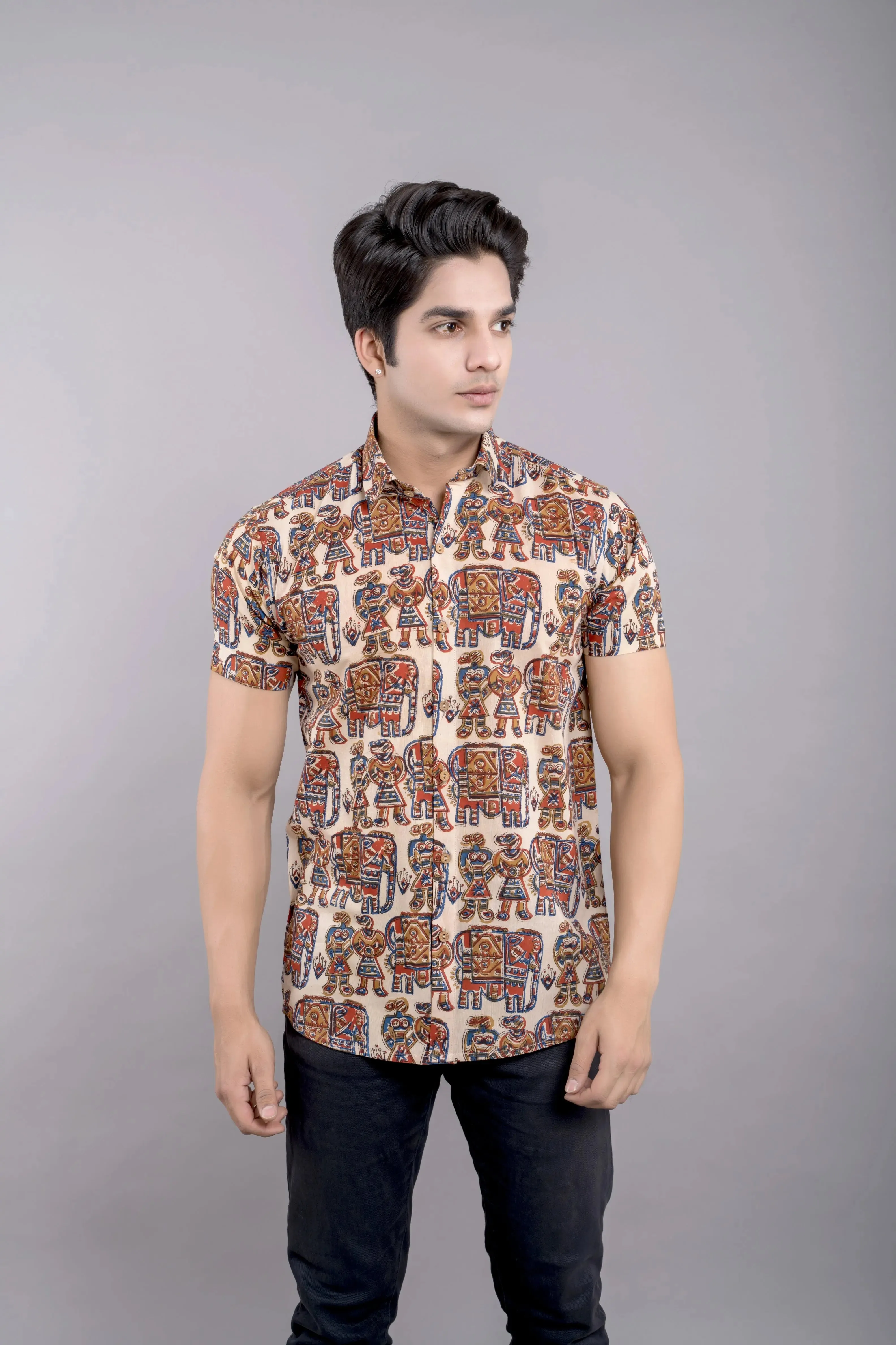 Firangi Yarn Mens Hand Block Printed Shirt - Beige