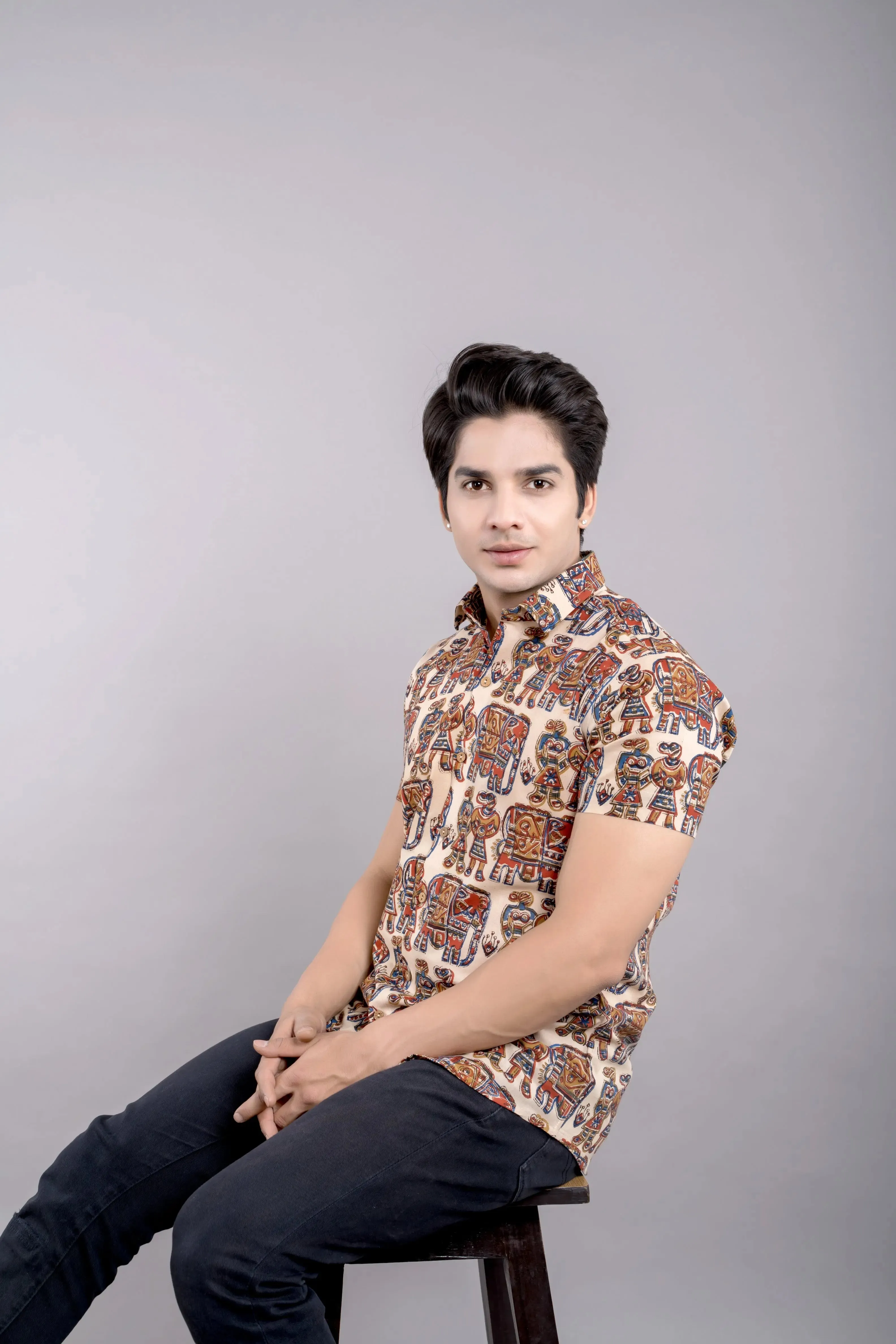 Firangi Yarn Mens Hand Block Printed Shirt - Beige