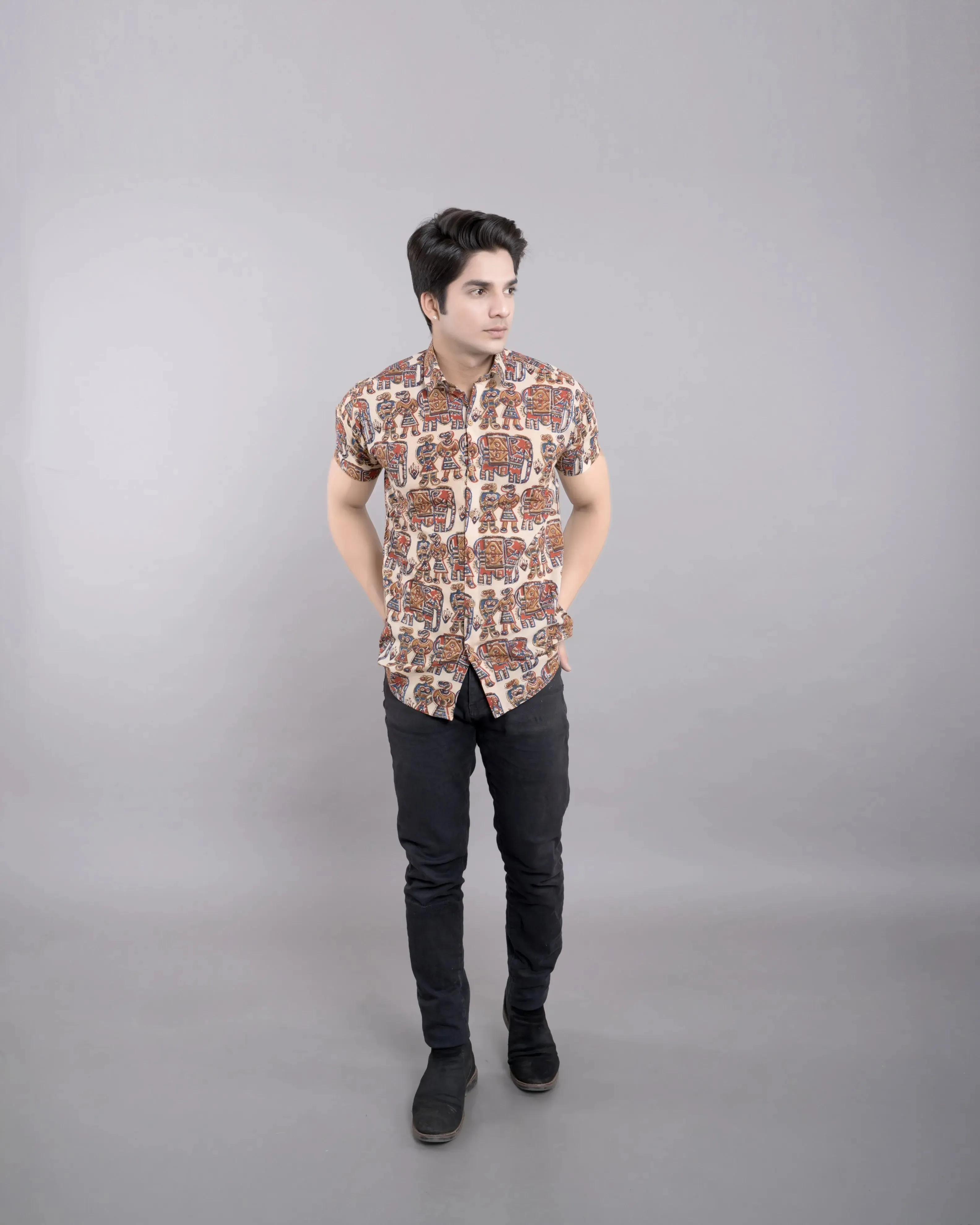 Firangi Yarn Mens Hand Block Printed Shirt - Beige