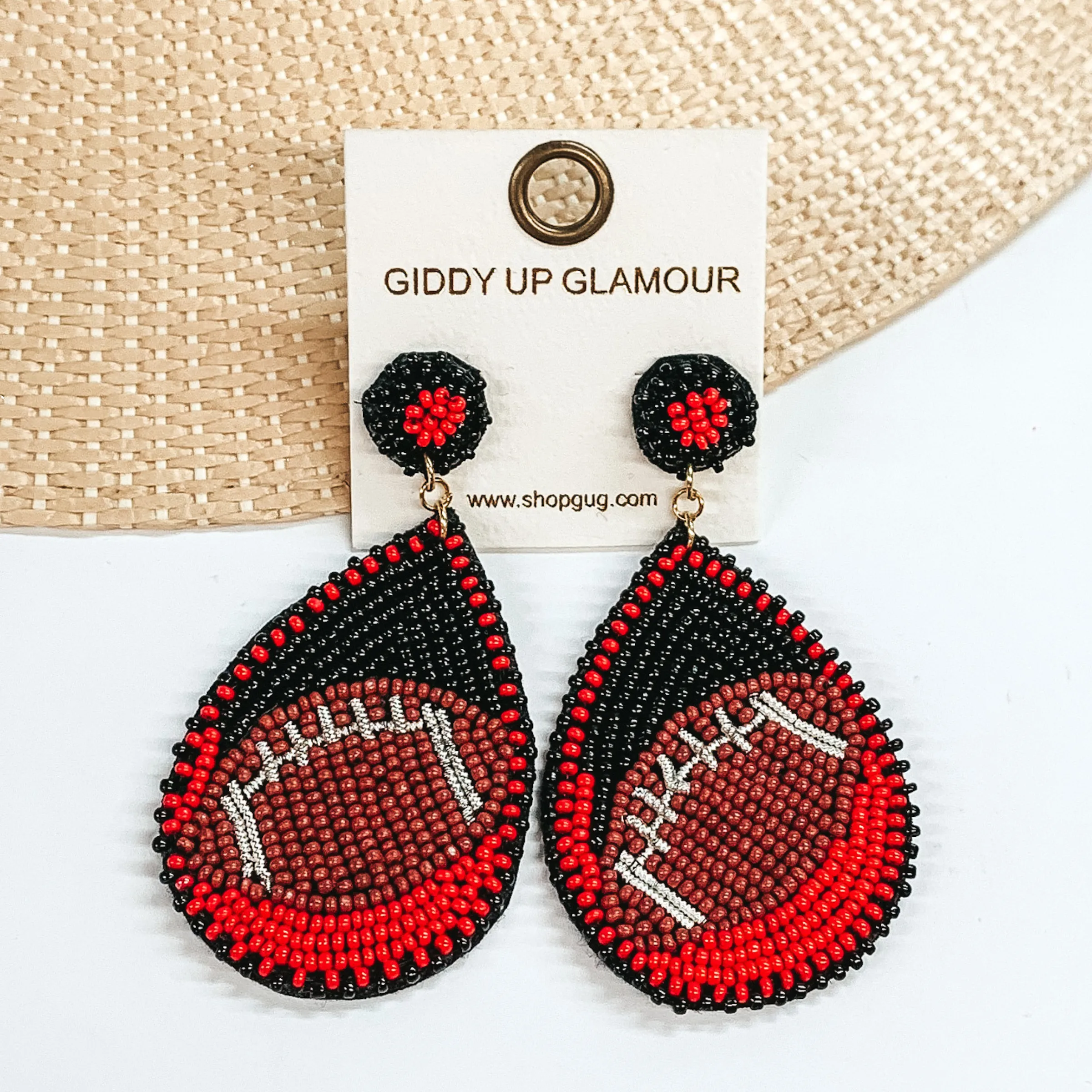 Game Day Ready Beaded Teardrop Earrings in Black and Red