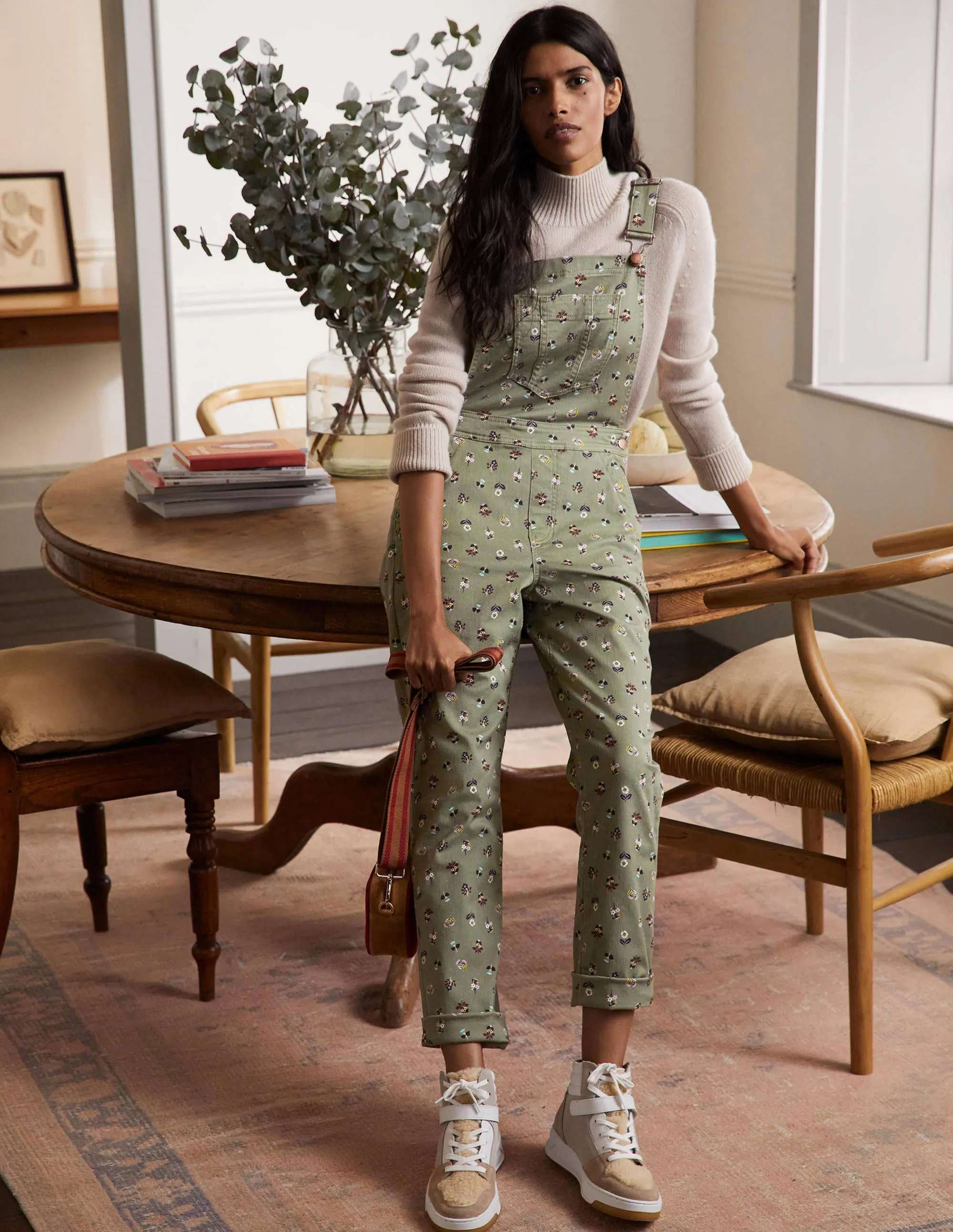 Girlfriend Dungarees-Pale Khaki, Dainty Floral