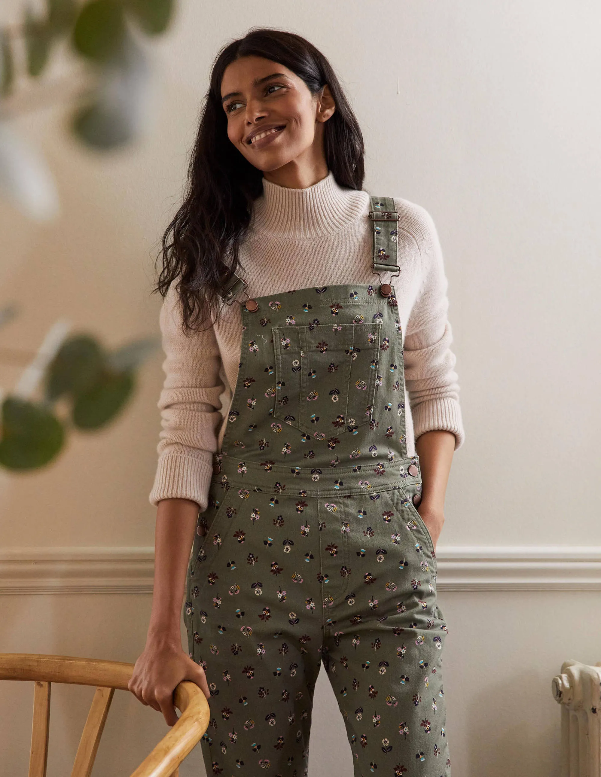 Girlfriend Dungarees-Pale Khaki, Dainty Floral