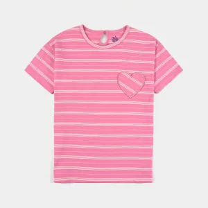 Girls Yarn Dyed T-Shirt H/S HEART POCKET-Hot Pink