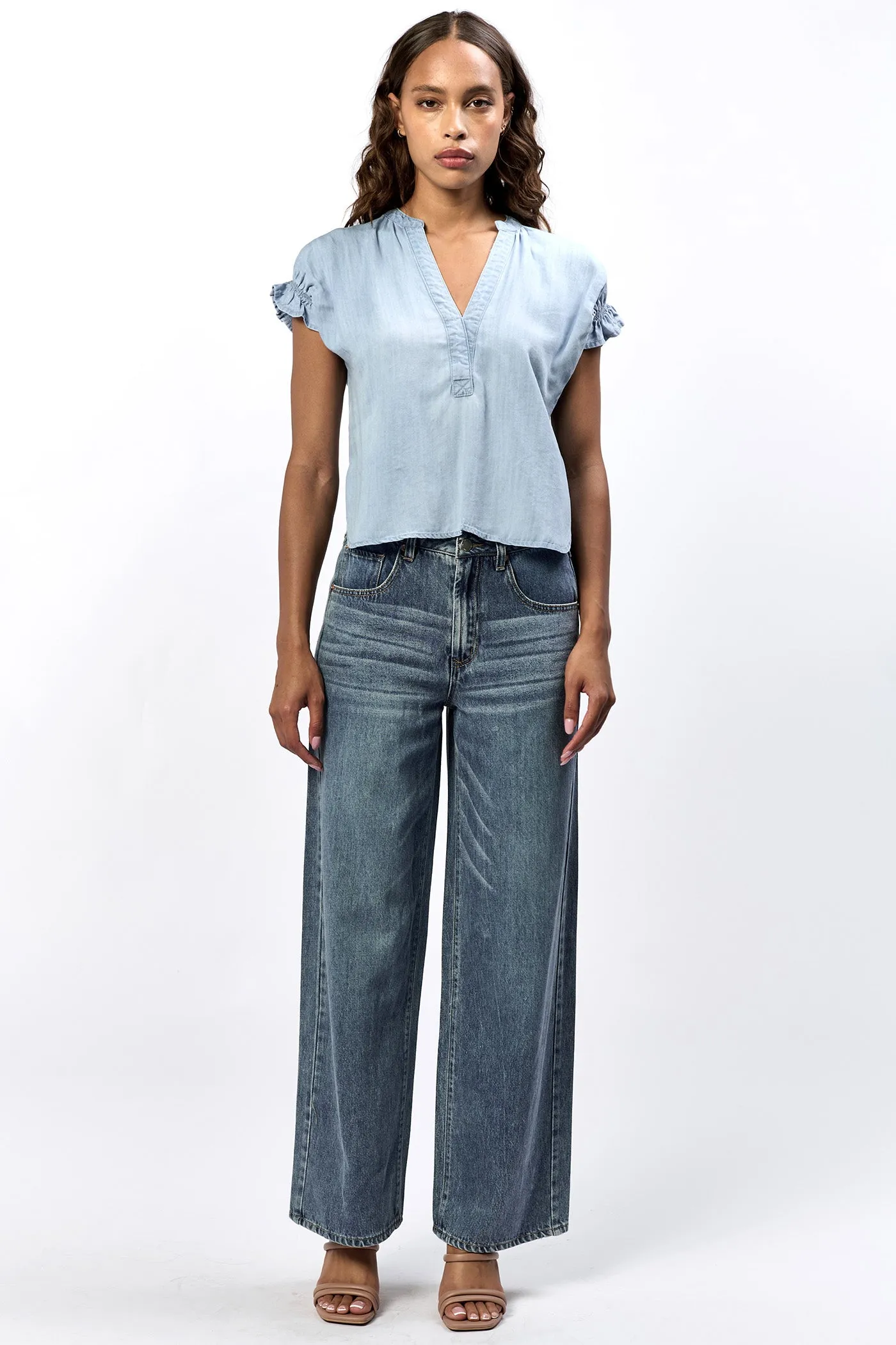 JULIA V NECK SHORT SLEEVE RELAXED FIT TOP CAROLINA BLUE