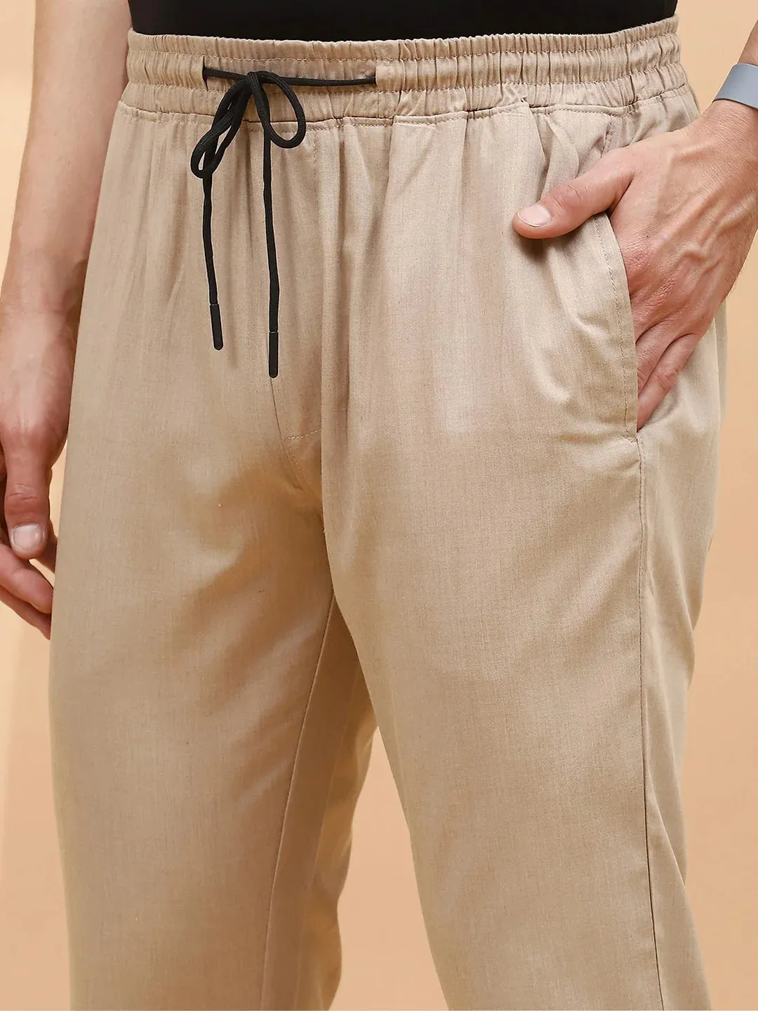 Khaki Polyester Blend Regular Fit Lower For Men