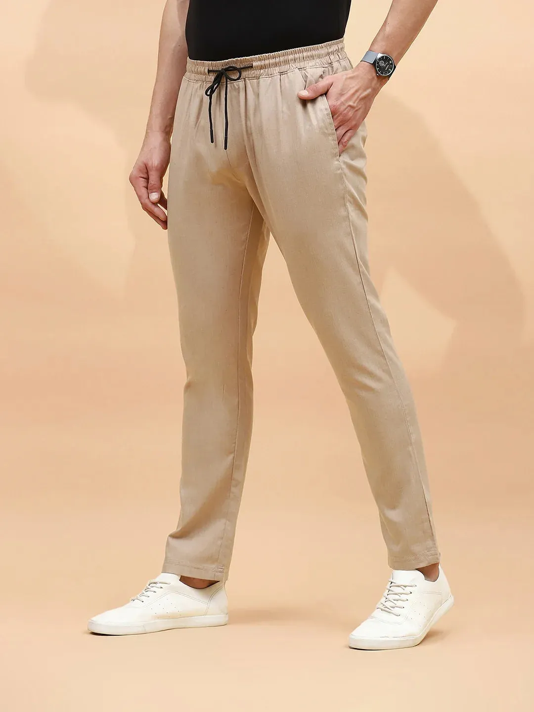 Khaki Polyester Blend Regular Fit Lower For Men