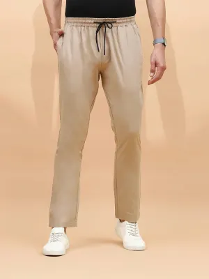 Khaki Polyester Blend Regular Fit Lower For Men