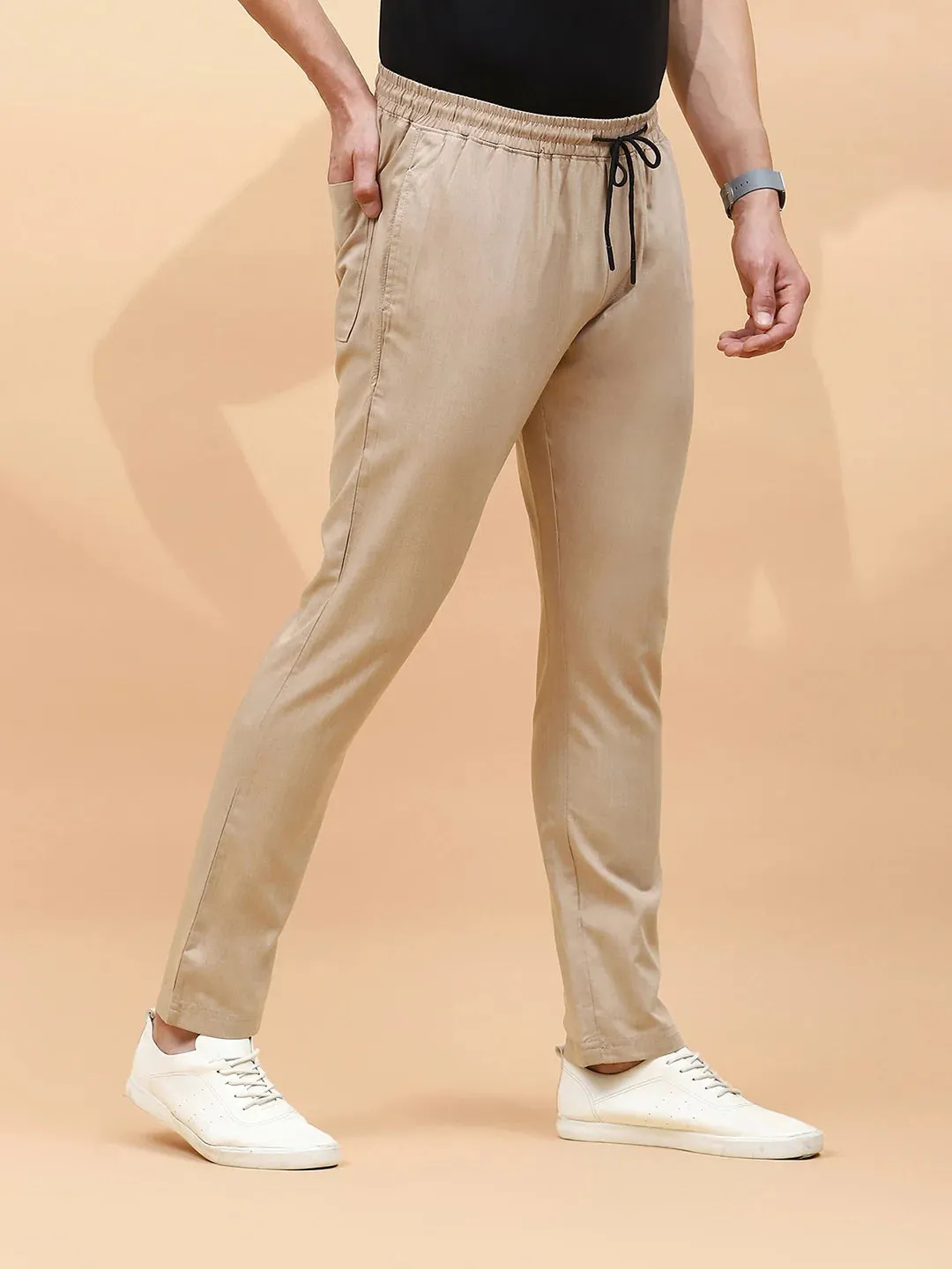 Khaki Polyester Blend Regular Fit Lower For Men