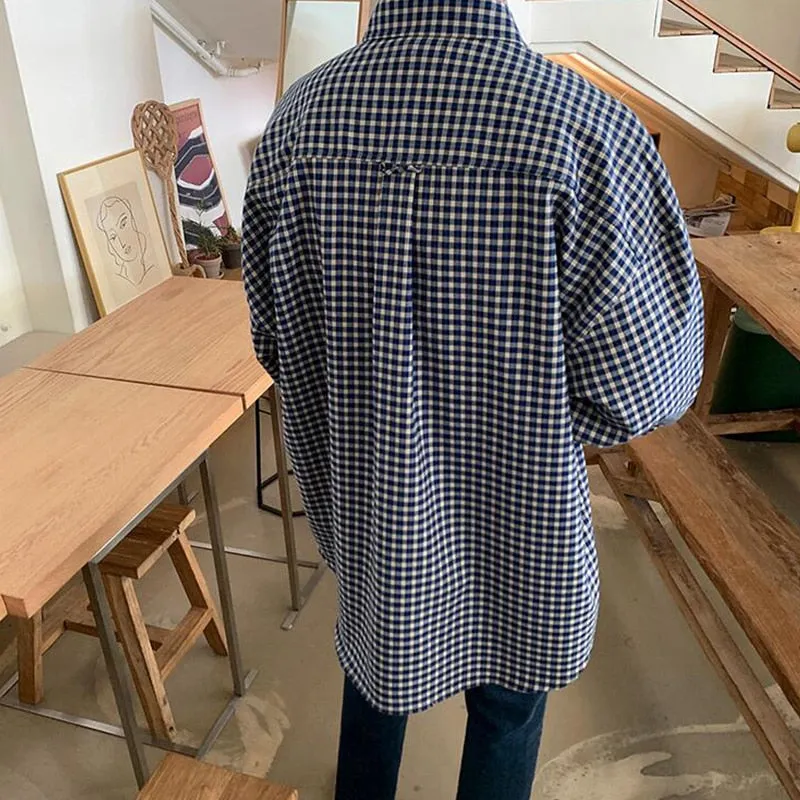 [Korean Style] Blue Oversized Plaid Shirts