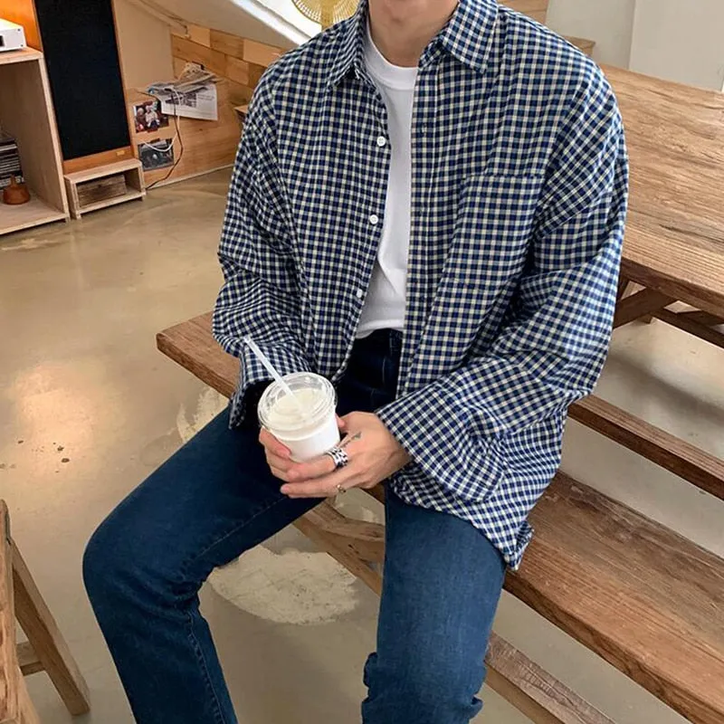 [Korean Style] Blue Oversized Plaid Shirts
