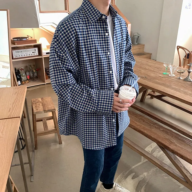 [Korean Style] Blue Oversized Plaid Shirts