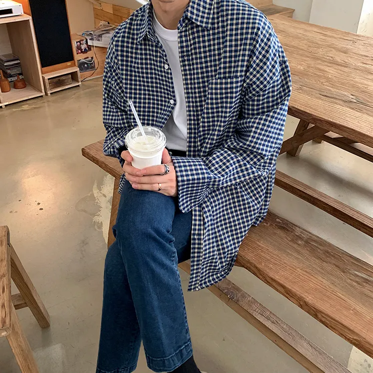 [Korean Style] Blue Oversized Plaid Shirts