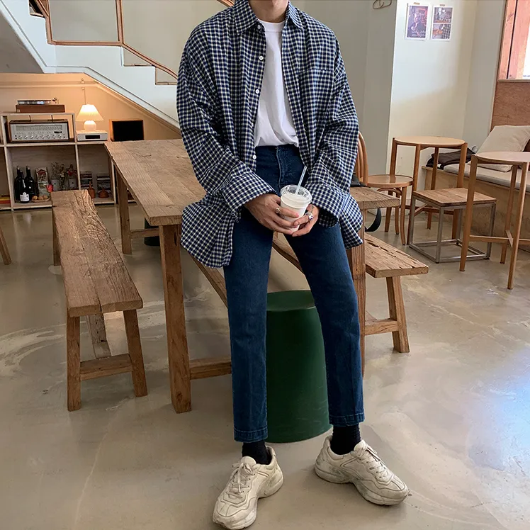 [Korean Style] Blue Oversized Plaid Shirts