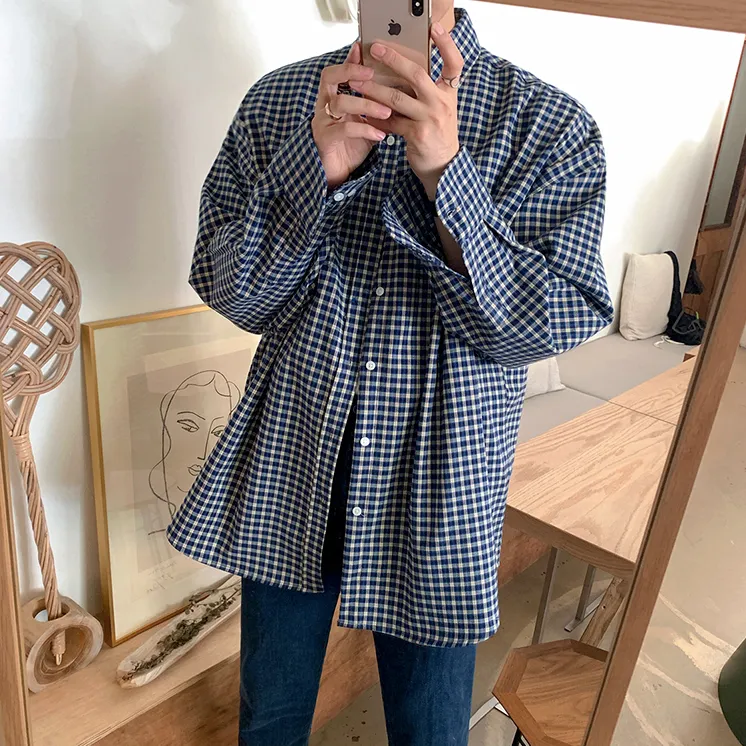 [Korean Style] Blue Oversized Plaid Shirts